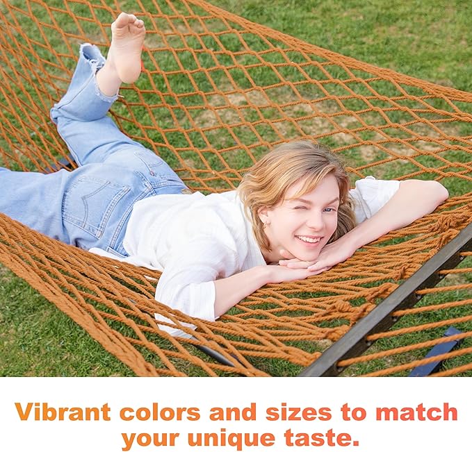 12ft Family Hammocks, Handwoven Traditional Cotton Rope Hammock with Hardwood Spreader Bar, Chains and Hooks for Indoor Outdoor, Max 450 lbs Capacity (Coffee Brown, Large)