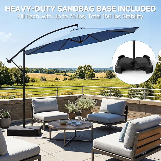 SUNYRISY 10ft Outdoor Patio Umbrella with Base Included, Large Cantilever Offset Umbrella with Sandbag Base Included for Deck, Pool, Porch, and Backyard Shade, Easy to Tilt and Crank