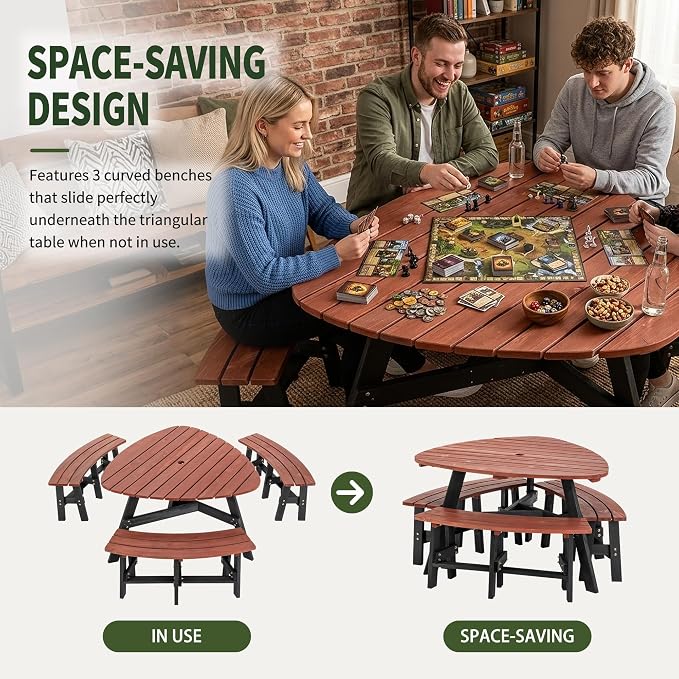 6-Person Semi-Circular Fir Wood Picnic Table, Brown Top/Black Legs, 3 Built-in Benches & Umbrella Hole, Patio