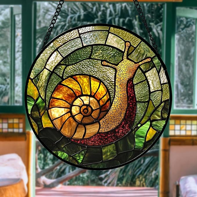 Stained Glass Window Hanging, Green Orange Snail Sun Catcher for Door Home Decor Suncatcher Christmas Mother's Day Birthday Gifts for Women Men Mom and Nana 9.8 in