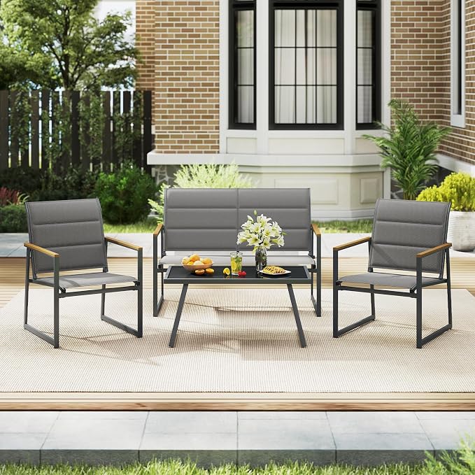HAPPYGRILL 4-Piece Patio Furniture Set, Modern Sectional Sofa Set w/Fabric Seats, Wood-Plastic Armrests, Tempered Glass Coffee Table, Outdoor Conversation Set for Backyard Balcony Garden Porch (2)