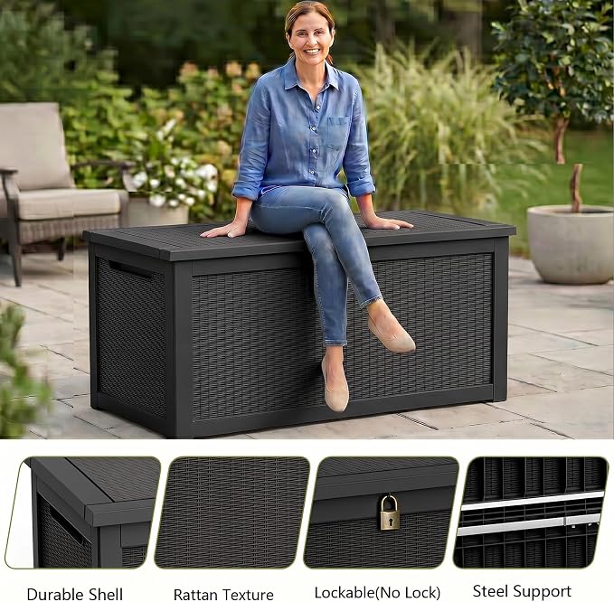 Waterproof Outdoor Storage Box Outside Deck Box Lockable Resin Bench UV Resistant Furniture Cushion Pool Tool Float Bin Patio Garden Porch (Black, 320 Gallon)
