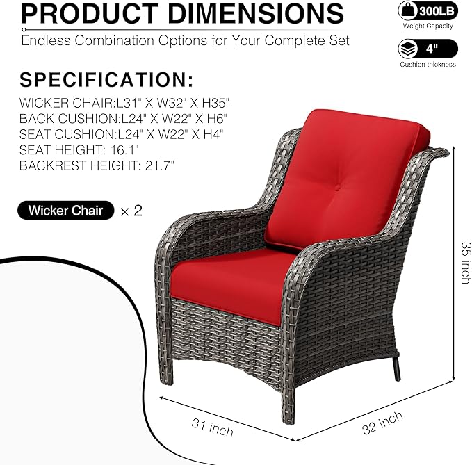 Joyside Patio Chairs Set of 2, Wicker Patio Furniture with High Back, Deep Seating, Wide Armrest, Thickened Cushions, Outdoor Rattan Furniture for Deck, Porch Use