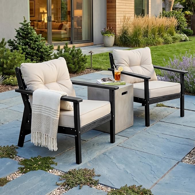 2 Seat Chair Set, HDPE Patio Conversation Set, Outdoor Patio Furniture | Water-Resistant Thick Cushion, HDPE All Weather, Wood-Grain, No Rot or Rust or Crack, UV Fade Shield, Easy-Clean for Outside