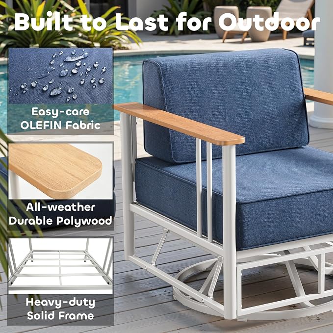 Luxury Patio Swivel Chairs with 6" Extra Thick Cushions, Outdoor Furniture Set with Ottomans and Side Table, Swivel Outdoor Chairs for Porch, Balcony, Deck, Patio, Yard, Poolside, White/Blue