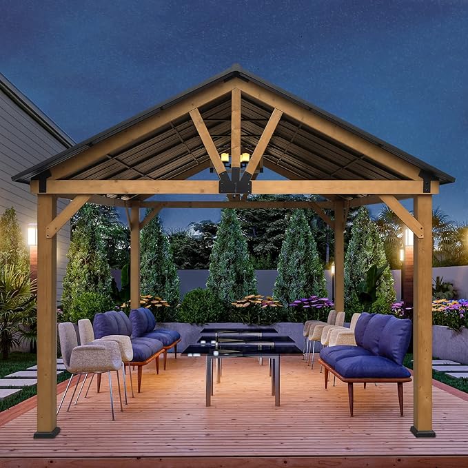 EAGLE PEAK 13x15 Hardtop Gazebo, Exposed Beam A-Frame Gazebo, Galvanized Steel Gable Roof with Cedar Wood Frame, Outdoor Pavilion for Patio, Deck, Lawn and Garden, Natural Wood/Black