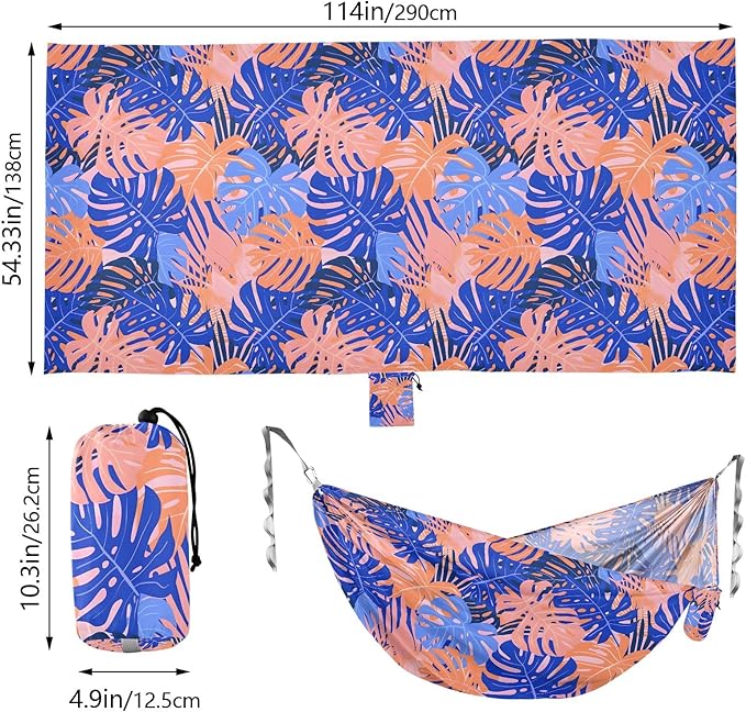 Camping Hammock Outdoor Hammocks for Outside Blue Pink Tropical Leaf Beach Trees Portable Lightweight with Pockets Tree Straps Indoor