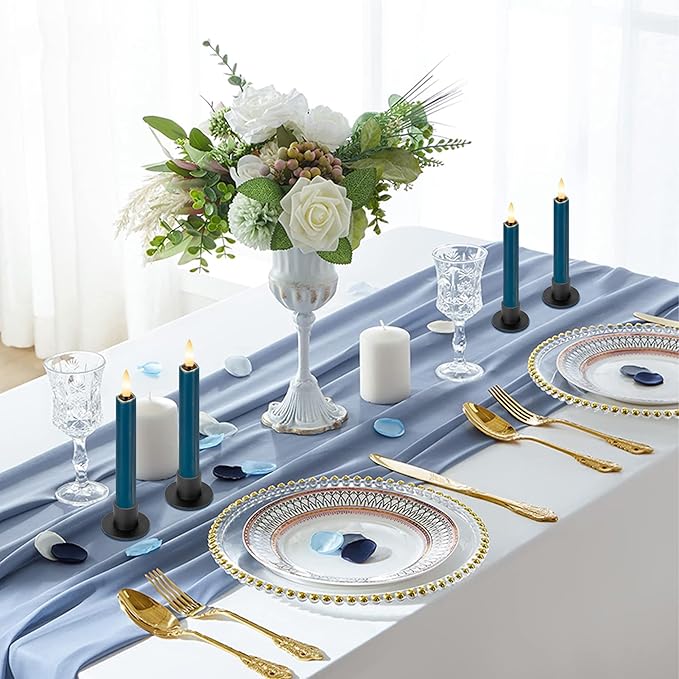 Blue Flameless Taper Candles with Remote, Short Battery Operated LED Candles, 6.4inch Flickering Flameless Candlesticks for Table Centerpiece, Wedding, Mantel, Window Decor, Set of 6