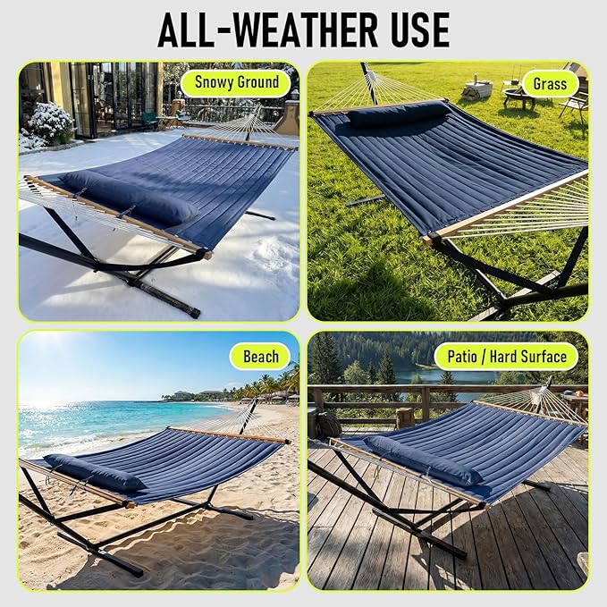FULIYE Double Hammock with Stand for Outdoor，2 Person Heavy Duty Portable Hammock with Adjustable Steel Stand and Balance Ropes Included – for Patio, Backyard, Garden, Beach (Purplish Blue)
