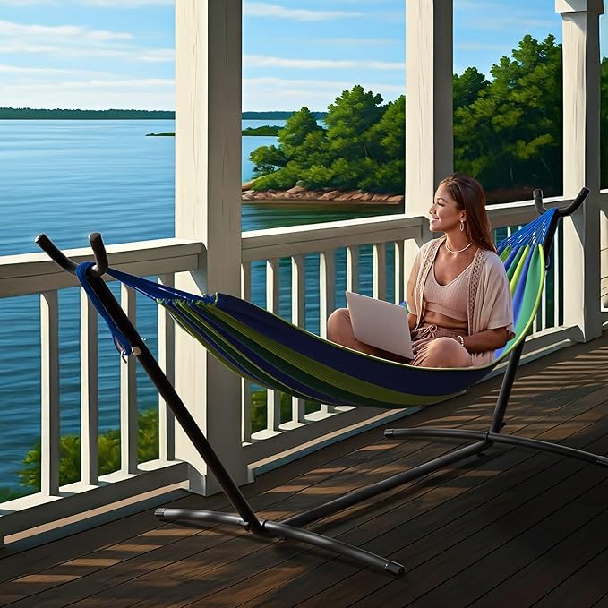 Sorbus 2-Person Hammock with Stand – 60" Cotton Blend Bed, Heavy Duty 450lbs Capacity, Portable with Carrying Case – for Garden, Patio, Outdoor, Camping, Gifts – Washable