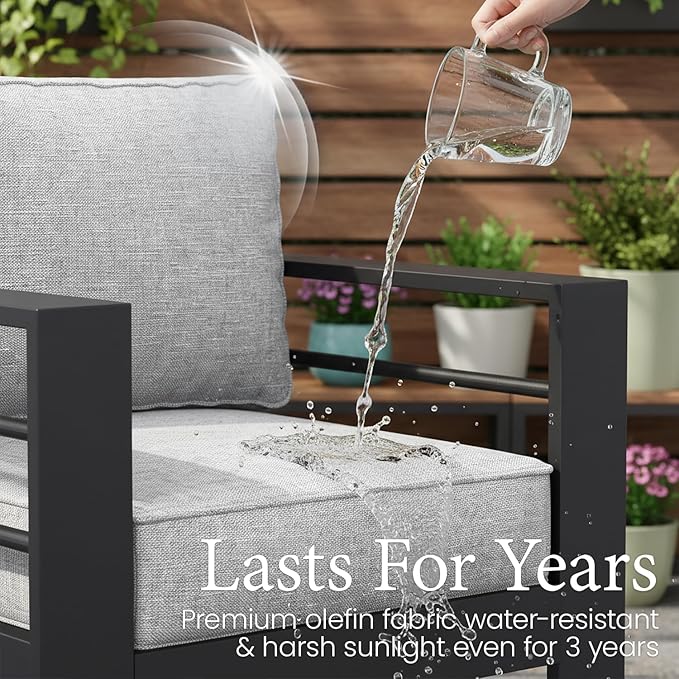 LayinSun Aluminum Furniture Set with Fire Pit Table, 4 Pieces Patio Sectional Conversation Chat Sofa Modern Seating Set