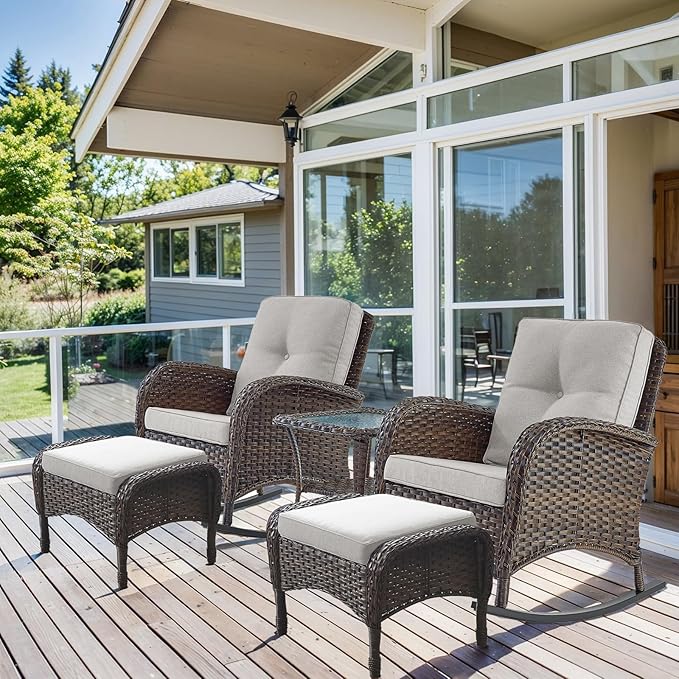 HUMMUH 5 Pieces Wicker Patio Furniture Set,Outdoor Rocker Chairs,Patio Ottomans,Glass Top Side Table,Outdoor Conversation Set for Porch Deck Backyard Poolside