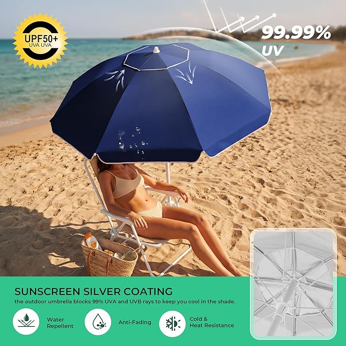 JEAREY 6.5ft Sun Shade Umbrellas, Portable Umbrella with Stand, Lightweight Sun Protection Free Standing Sport Umbrella for Outdoor Sports, Camping, Fishing, Patio, Beach, Royal Blue