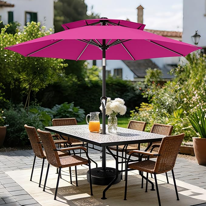 AreShark 9ft 2 Tiers Patio Umbrella - Outdoor Umbrella Waterproof UV Protection, Market Table Umbrella w/Push Button Tilt&Crank for Pool, Porch, Garden(Rose Pink)