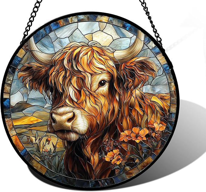 DASTOLL Stained Glass Window Hanging - Funny Cow Flower Suncatcher Ready to Hang Window Doors Home Decoration and Christmas, Mother's Day Birthday Gifts for Women, Men, and Mom 7.8x7.8 in