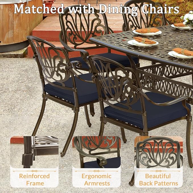 9 Piece Outdoor Patio Dining Set for 8, Cast Aluminium Large Square Dining Table & 8 Cushioned Stackable Chairs, Umbrella Hole, Patio Furniture Set for Garden Porch Poolside, Navy Blue