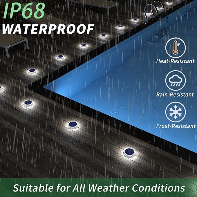 DetarZinLED Solar Deck Lights Outdoor Waterproof, 6 Pack White Round Deck Lights Solar Powered, Flat Stick on Ground Disc Light for Outdoor Pathway Driveway Step Yard Dock Walkway Patio
