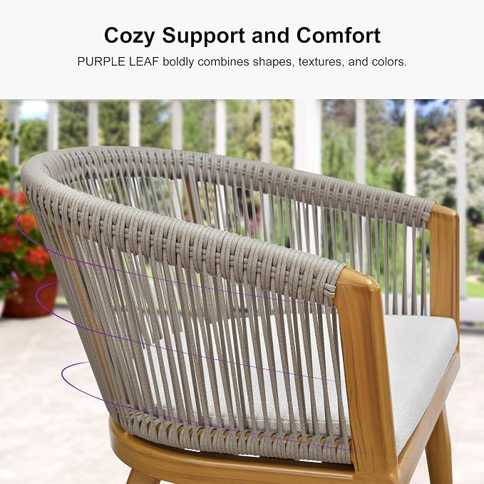 PURPLE LEAF Outdoor Dining Set with Waterproof Furniture Cover 7-Piece All-Weather Patio Set for 6 with Woodgrain Aluminum Table Rope Weave Chairs and Cushions, Teak