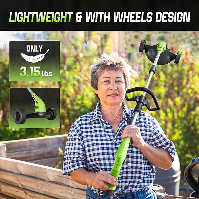 Electric Weed Wacker: Cordless Weed Trimmer with 2 * 2.0Ah Li-Ion Battery Powered & 4 Cutting Blade Types, Wheel Trimmer Lightweight Ajustable Pole &Back-Friendly Compact Power Tool for Lawn Yard Work