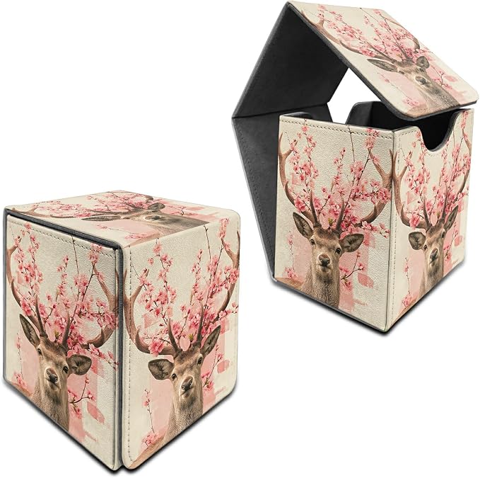 Peach Blossom Deer Card Deck Box for MTG, Personalized Card Storage Case Fits 120+ Sleeved Cards, Premium Leather TCG Box with Strong Magnetic Closure for Magic, CCG, PTCG, Baseball Cards