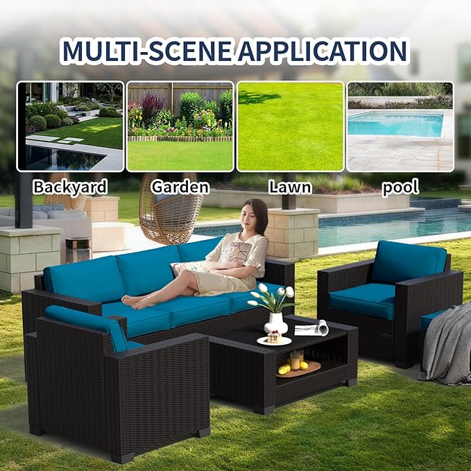 SHGJ&SOFT 7 Piece Patio Furniture Set, Wicker Outdoor Sectional Sofa with Washable Cushion Covers and Tempered Glass Table, Rattan Conversation Set for Poolside