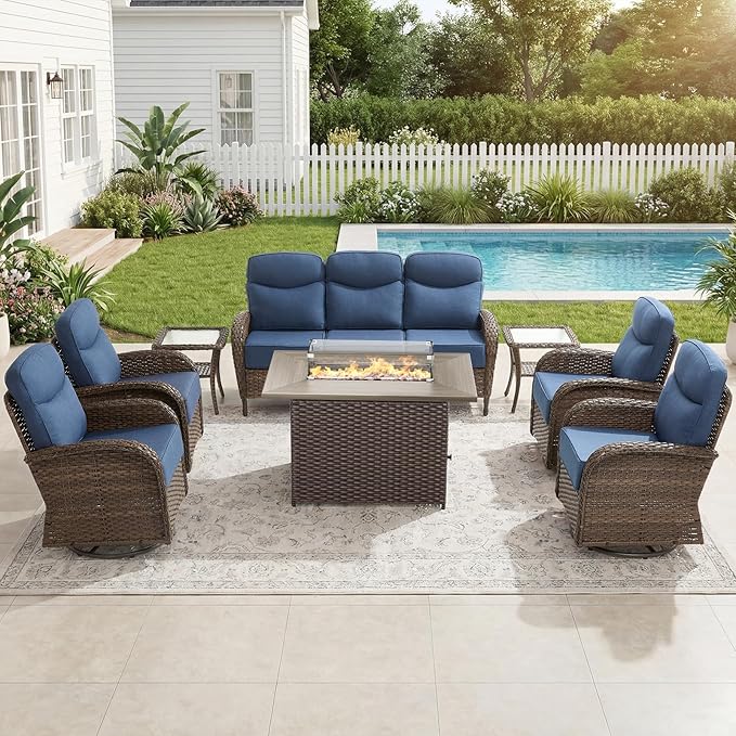 High Back Luxury Patio Furniture Set with 41"Fire Pit Table, 6-Inch Cushion Swivel Rocker Patio Chairs Set of 4 with Outdoor Couch, 8 Piece Wicker Conversation Set for Deck Yard Garden Balcony