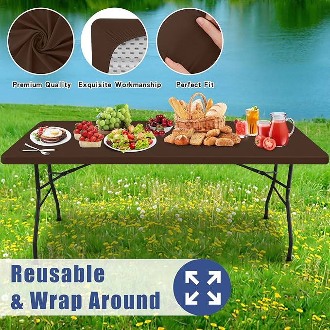 Moosfor Spandex 8 Foot Rectangle Table Cloth 2 Pack, Elastic Fitted Tablecloths for Picnic, Stretch Washable Patio Table Cover for Outdoor, Camping, Banquet and Parties (Coffee, 30"x96")