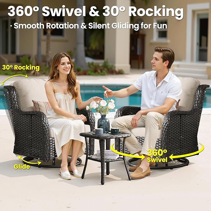 ovios 7-Piece Patio Furniture Set with Swivel Chairs Coffee Table, Outdoor Wicker Sofa with 42" Fire Pit Table, High Back Couch Modern Conversation Sets, Brown/Beige