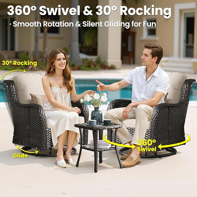 ovios 8 Pieces Patio Furniture Set with Swivel Rocking Chairs, Outdoor Wicker Sofa Couch Comfy Cushions, All Weather High Back Modern Conversation Set, Brown Rattan, Beige