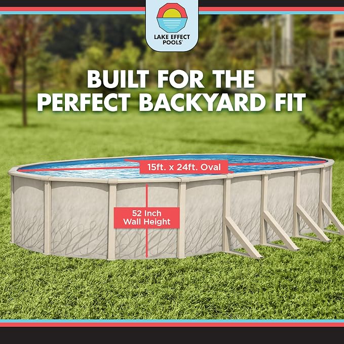 Lake Effect Pools 'Meadows' 15 ft x 24 ft Oval Above Ground Swimming Pool | 52 Inch Steel Side Walls | Kit Includes: 25 Gauge Overlap Liner & Widemouth Skimmer