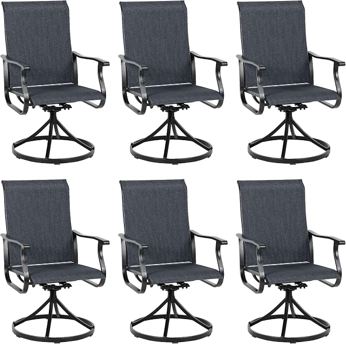 Crownland Outdoor Swivel Dining Chair Set of 6, All Weather 360° Swivel Rocking High Back Model Patio Dining Chairs, Textilene Fabric Wrought Iron Dining Chair Set for Backyard, Lawn, Garden(Black)