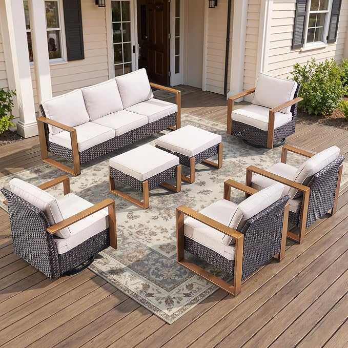7-Piece Outdoor Patio Furniture Set with Swivel Chairs & Rattan Chairs, All-Weather Wicker Sofa Set for Garden, Yard, Porch and Poolside Seating Beige