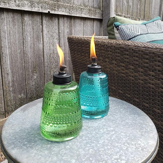 TIKI Carnival Glass Tabletop Torches, 3-Pack – Decorative Outdoor Tabletop TIKI Torches for Patio, Backyard & Garden – Portable Glass Flame Torches for Outdoor Lighting, Blue, Green & Purple, 6-Inch