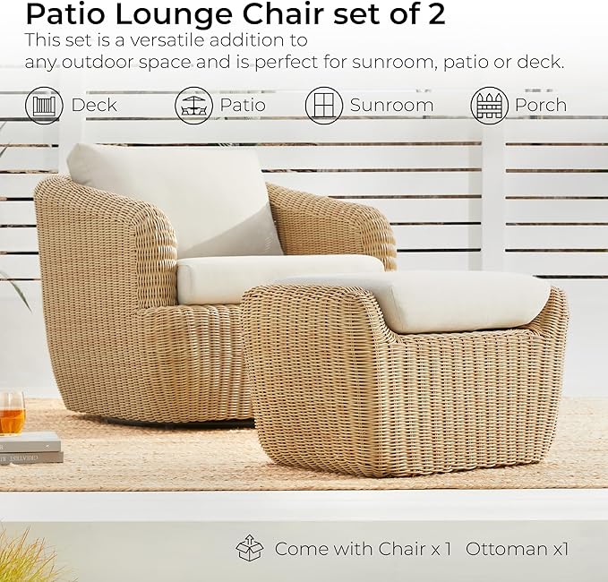 CHITA 2 Pieces Patio Wicker Furniture Set, Outdoor Rattan Chair Set with Removable Thickened Cushions, Fully Assembled(Beige Cushions with Light Brown Wicker)