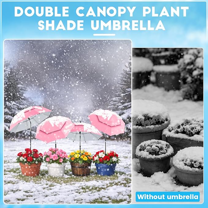 4 Pack 24.9" Double Canopy 47.2" Height Plant Umbrellas for Outdoor Plants, 3D Stakes 360° Adjustable Plant Shades for Outdoor Plants, Garden