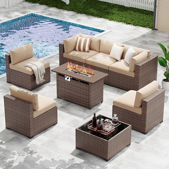LazySunsets 8-Piece Patio Furniture Set with 44" Fire Pit Table, Wicker Outdoor Furniture, Patio Conversation Sets with Coffee Table, Outdoor Sectional Couch with Waterproof Cover, Beige