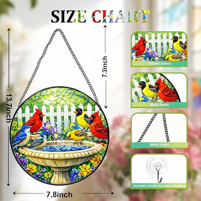 Stained Glass Window Hanging - Colorful Garden Birds Suncatcher for Windows Doors Home Decor, Cardinal Birds Flowers Sun Catcher Gift for Bird Lovers Women Christmas Mother's Day Birthday 7.8 in