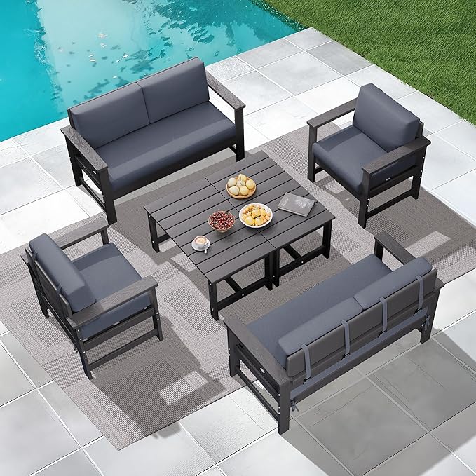 KINGYES 6 Pieces Outdoor Furniture Set, HDPE All Weather Use Conversation Couch, Grey Frame with Grey Cushions