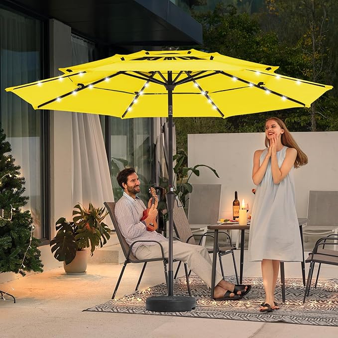 JEAREY 3 Tiers Patio Umbrella with Solar Lights 9ft Outdoor Market Table Umbrellas with Push Button Tilt for Outside Pool Garden, Yellow