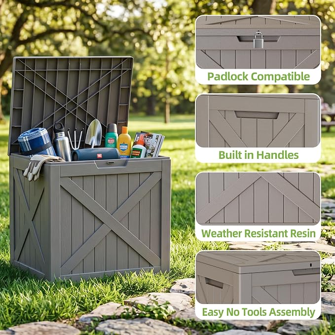 ROJIK 33 Gallon Deck Boxes Outdoor Waterproof, Weatherproof Lockable Storage Box with Lid and Side Handles, Resin Outdoor Storage Bench for Patio Furniture Cushions, Garden Tools (Black, 33 Gallon)