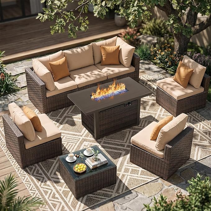 8 Pieces Outdoor Sectional Patio Furniture Set with Fire Pit Table,PE Rattan Wicker Patio Sectional Conversation Set with Cushions and Glass Coffee Table Beige