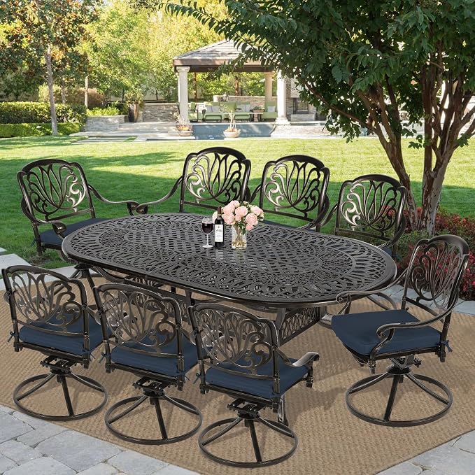 MEETWARM 9-Piece Outdoor Patio Dining Set, All-Weather Cast Aluminum Outdoor Dining Table Set for 8 with 84" Oval Table, 8 Cushioned Swivel Patio Chairs for Backyard Garden, Umbrella Hole, Navy Blue