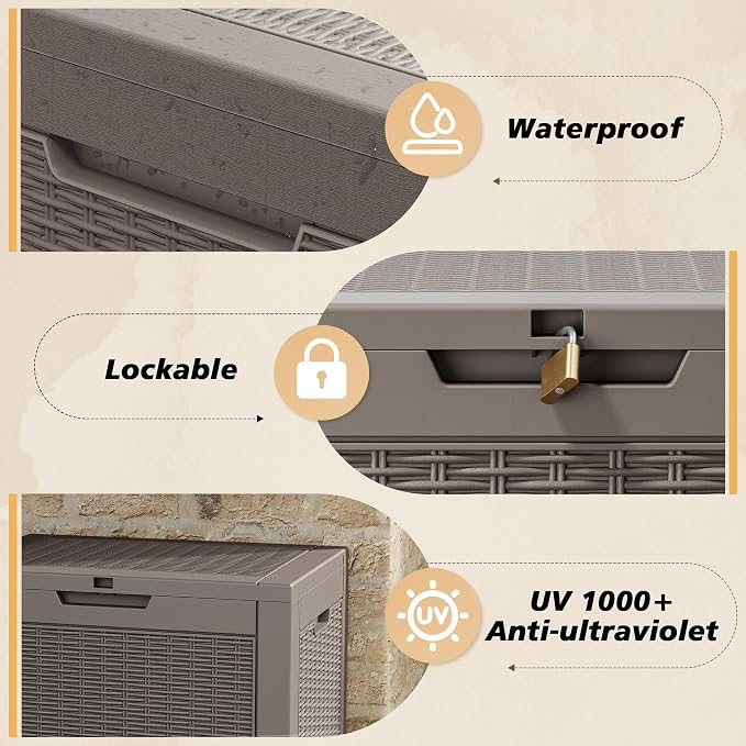 Fancyango 31 Gallon Outdoor Deck Box Waterproof, Storage Box for Patio, Resin Storage Bench Lockable for Garden Tools, Package Delivery, Grey