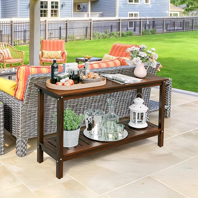 Wooden Console Table, 48in 2-Shelf Solid Wood Patio Side Table, Indoor Outdoor Buffet Bar Organizer with Foot Sliders (Espresso)