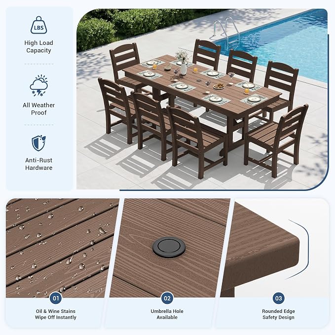 KINGYES Outdoor Armless Dining Chairs Set of 2,All-Weather HDPE Patio Chairs for Backyard,Pooside,Brown