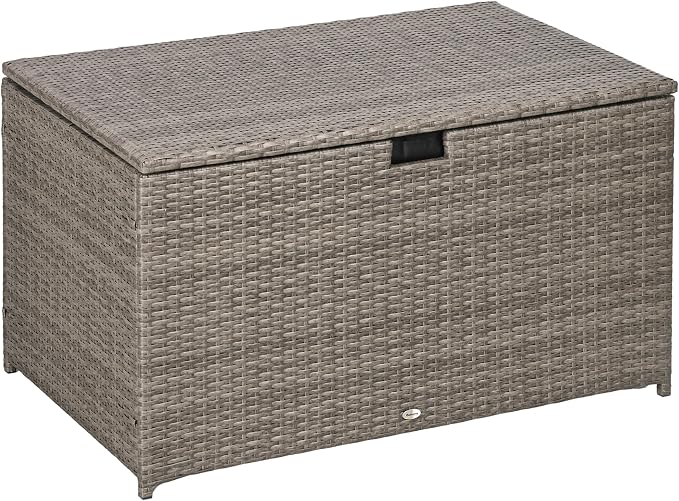113 Gallon Deck Box, Rattan Outdoor Storage Box, Waterproof Storage Container for Indoor, Patio Furniture Cushions, Pool Toys, Garden Tools, Gray