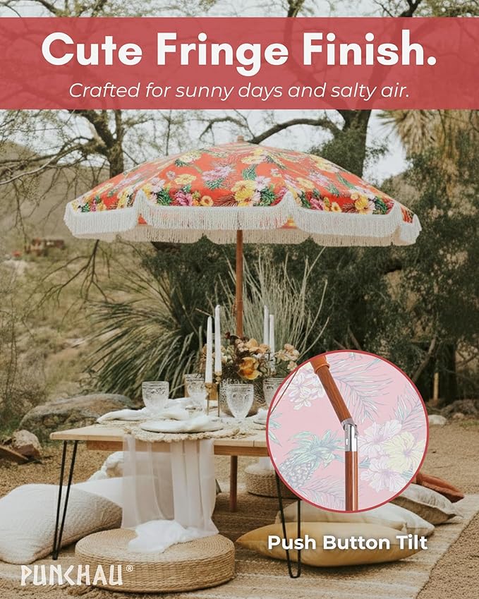 6 Ft Fringe Patio Umbrella - Outdoor Umbrella for Patio, Pool, Table, Garden, Deck, Beach, and Outdoors - Fashionable Boho Vintage Tassels & Wood Print - Push Button Tilt Pole