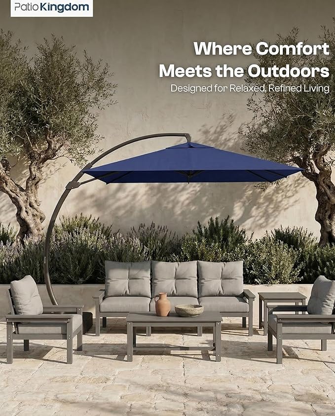 10*10 FT Cantilever Umbrella with Base Included, Large Square 360° Rotation Offset Umbrella Outdoor Patio, Heavy Duty Aluminum Frame, Sand-Weighted Stand, for Deck, Backyard, Pool, Garden (Navy Blue)