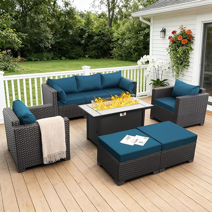 Patio Furniture Set 6-Piece Outdoor Furniture Set with 45'' Propane Gas Fire Pit Table Outdoor Conversation Set Wicker Sofa Set Non-Slip Cushions Waterproof Covers, Peacock Blue
