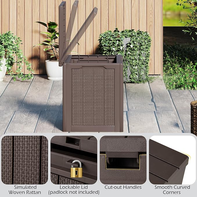 Giantex 25 Gallon Outdoor Storage Box, Patio Deck Box with Lockable Lid, Wicker-woven Texture, Waterproof Storage Bench for Pool Accessories, Garden Tools, Package Delivery, Patio Furniture (Brown)